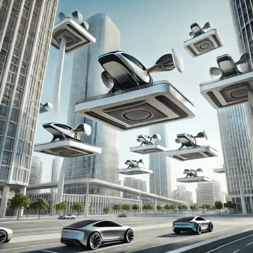 DALL·E 2024-10-21 10.01.15 - A futuristic scene of flying cars in a modern city. The image shows sleek, aerodynamic vehicles with vertical takeoff and landing (VTOL) capabilities