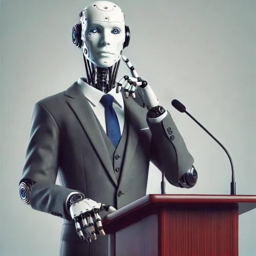 DALL·E 2024-10-28 08.51.11 - A realistic photo-style image showing a professional robot in a suit standing behind a podium as if giving a political speech, with a plain background