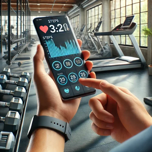 DALL·E 2024-12-02 08.54.03 - A realistic image showing a person in a gym using a smartphone app to track their workout. The phone screen displays a fitness dashboard with progress (1)